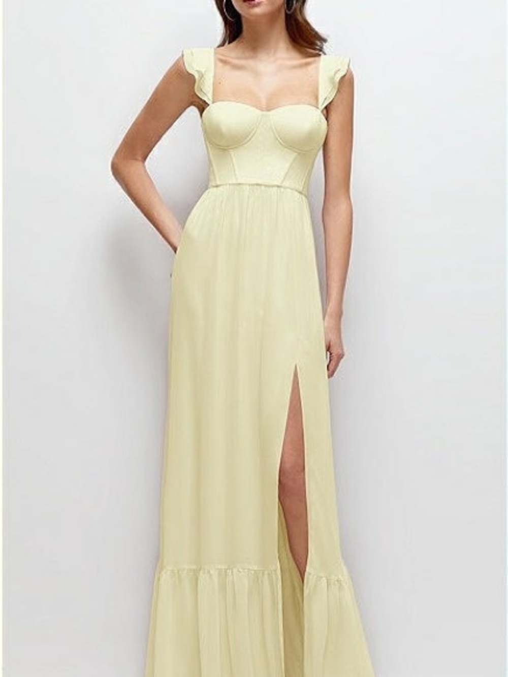 This butter yellow Dessy Collection Bryn chiffon maxi dress size 4